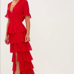 Red Chiffon Ruffle Layer Maxi Dress